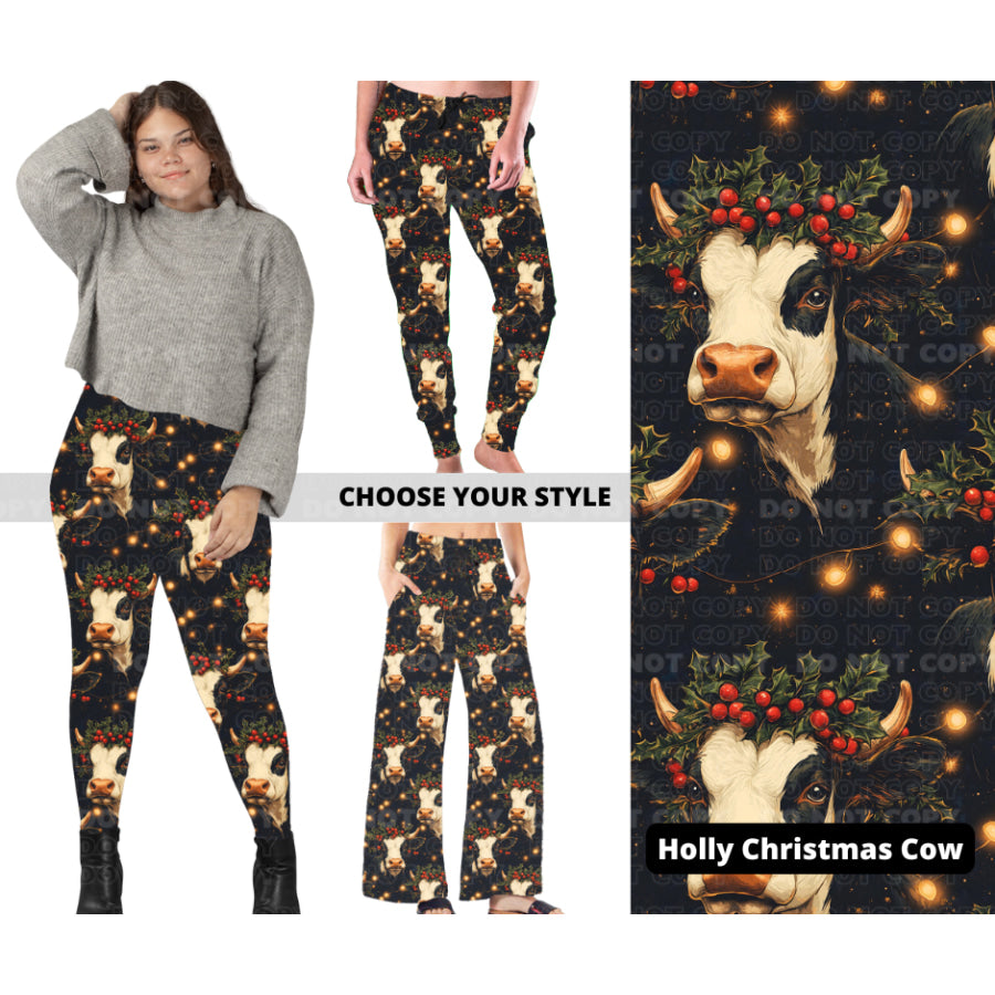 PREORDER Custom Styles - Holly Christmas Cow - Closes 7 Oct - ETA late Dec 2024 Leggings