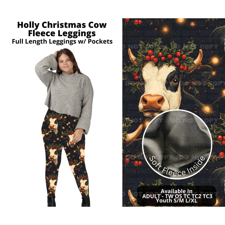 PREORDER Custom Styles - Holly Christmas Cow - Closes 7 Oct - ETA late Dec 2024 Leggings