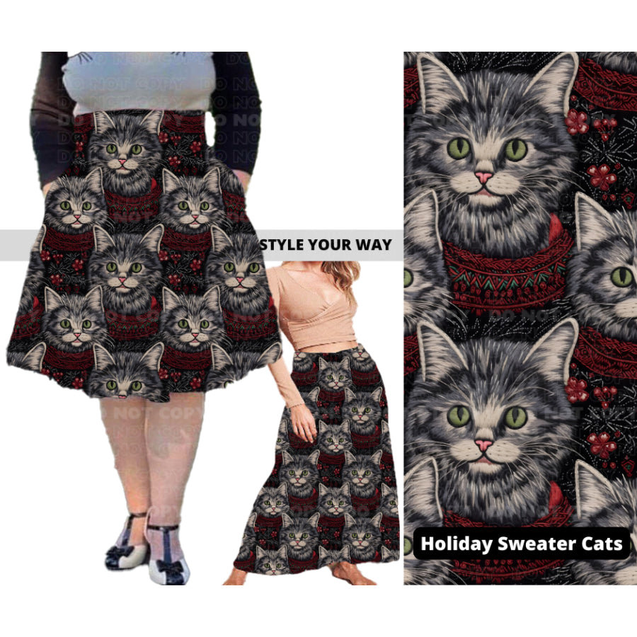 PREORDER Custom Swing and Maxi Skirts - Holiday Sweater Cats - Closes 30 Sep - ETA late Dec 2024 Skirts