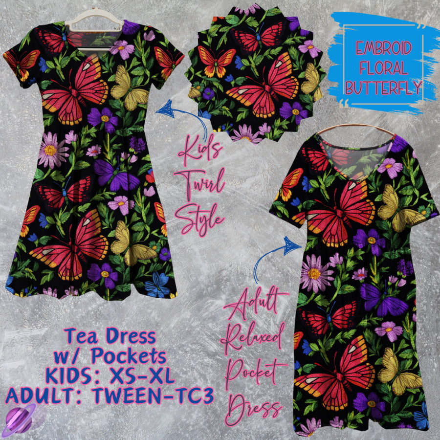 Preorder Custom Tea Dress w/ Pockets - Embroid Floral Butterfly - Closes 15 May - ETA mid Aug 2025 Dresses