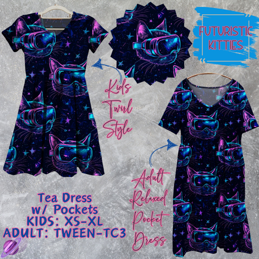 Preorder Custom Tea Dress w/ Pockets - Futuristic Kitties - Closes 15 May - ETA mid Aug 2025 Dresses