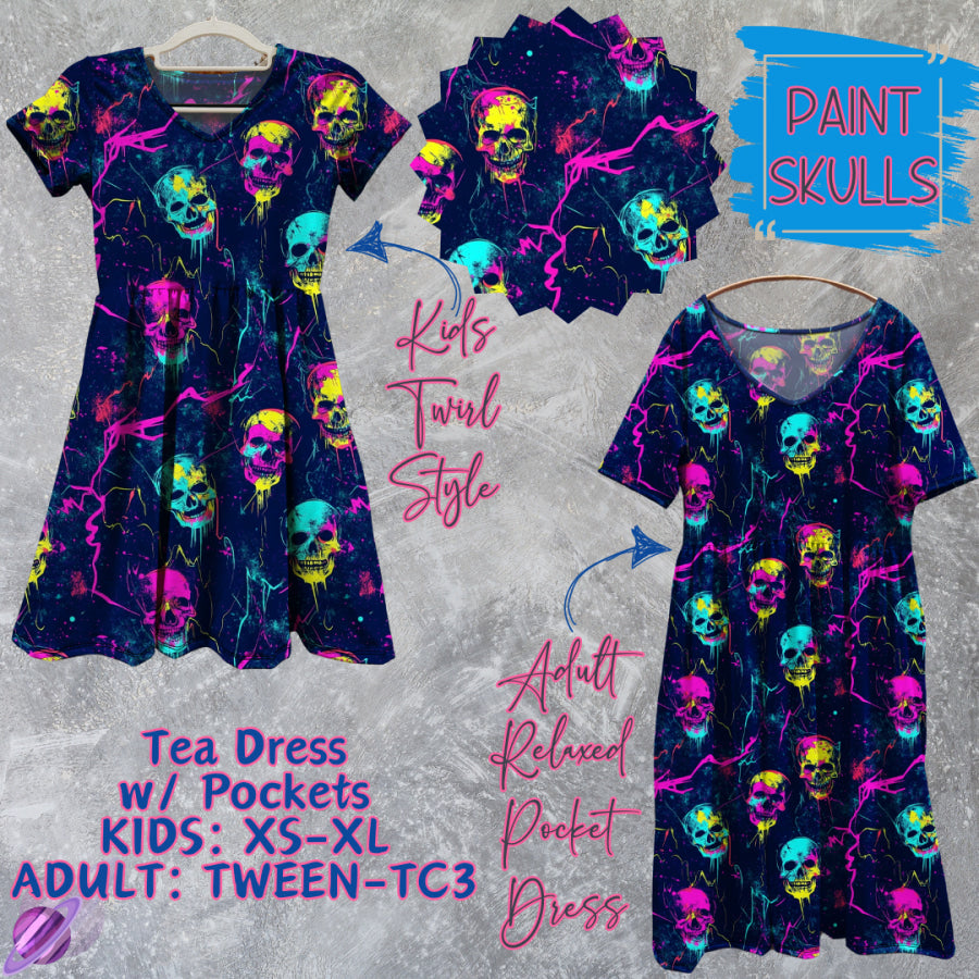 Preorder Custom Tea Dress w/ Pockets - Paint Skulls - Closes 15 May - ETA mid Aug 2025 Dresses