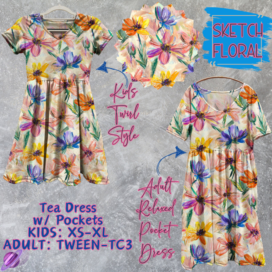 Preorder Custom Tea Dress w/ Pockets - Sketch Floral - Closes 15 May - ETA mid Aug 2025 Dresses