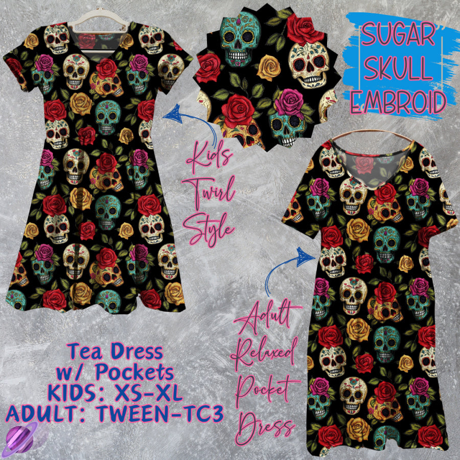 Preorder Custom Tea Dress w/ Pockets - Sugar Skull Embroid - Closes 15 May - ETA mid Aug 2025 Dresses