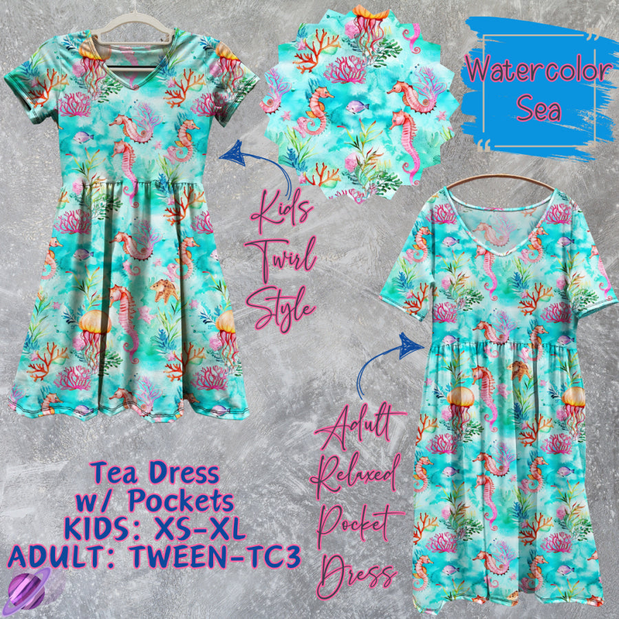 Preorder Custom Tea Dress w/ Pockets - Watercolour Sea - Closes 13 Mar - ETA late Jun 2025 Dresses