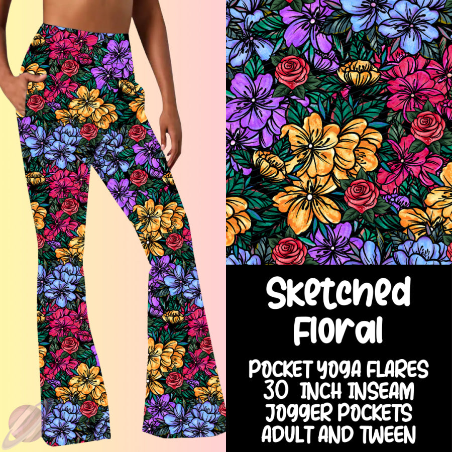 PREORDER Custom Yoga Flare Leggings - Sketched Floral - Closes 16 Feb - ETA early May 2025 Leggings