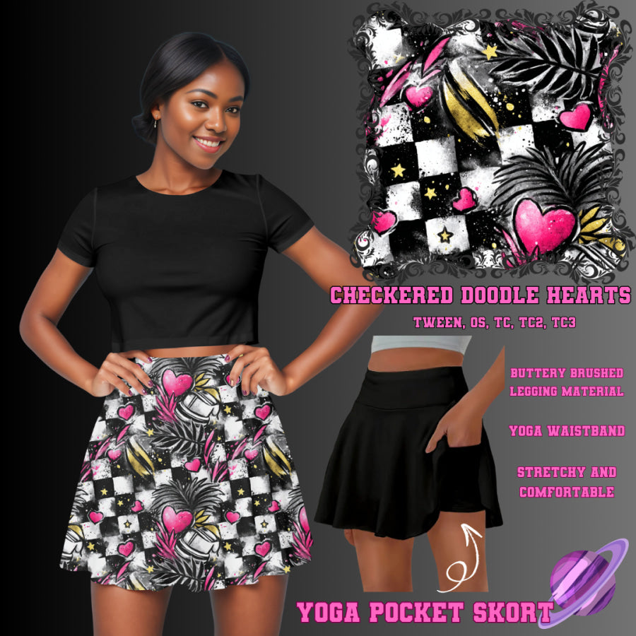Preorder Custom Yoga Skort with Pockets - Checkered Doodle Hearts - Closes 23 May - ETA late Aug 2025 Skort