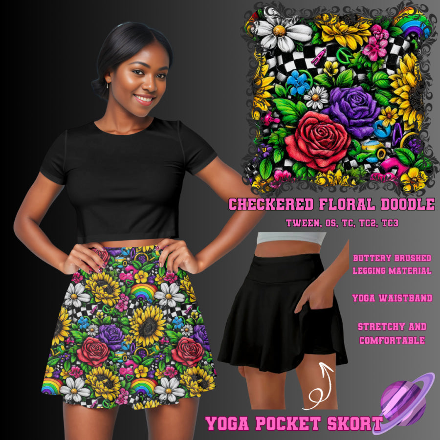 Preorder Custom Yoga Skort with Pockets - Checkered Floral Doodle - Closes 23 May - ETA late Aug 2025 Skort