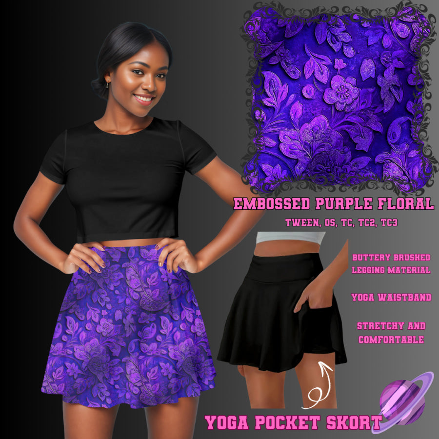 Preorder Custom Yoga Skort with Pockets - Embossed Purple Floral - Closes 23 May - ETA late Aug 2025 Skort