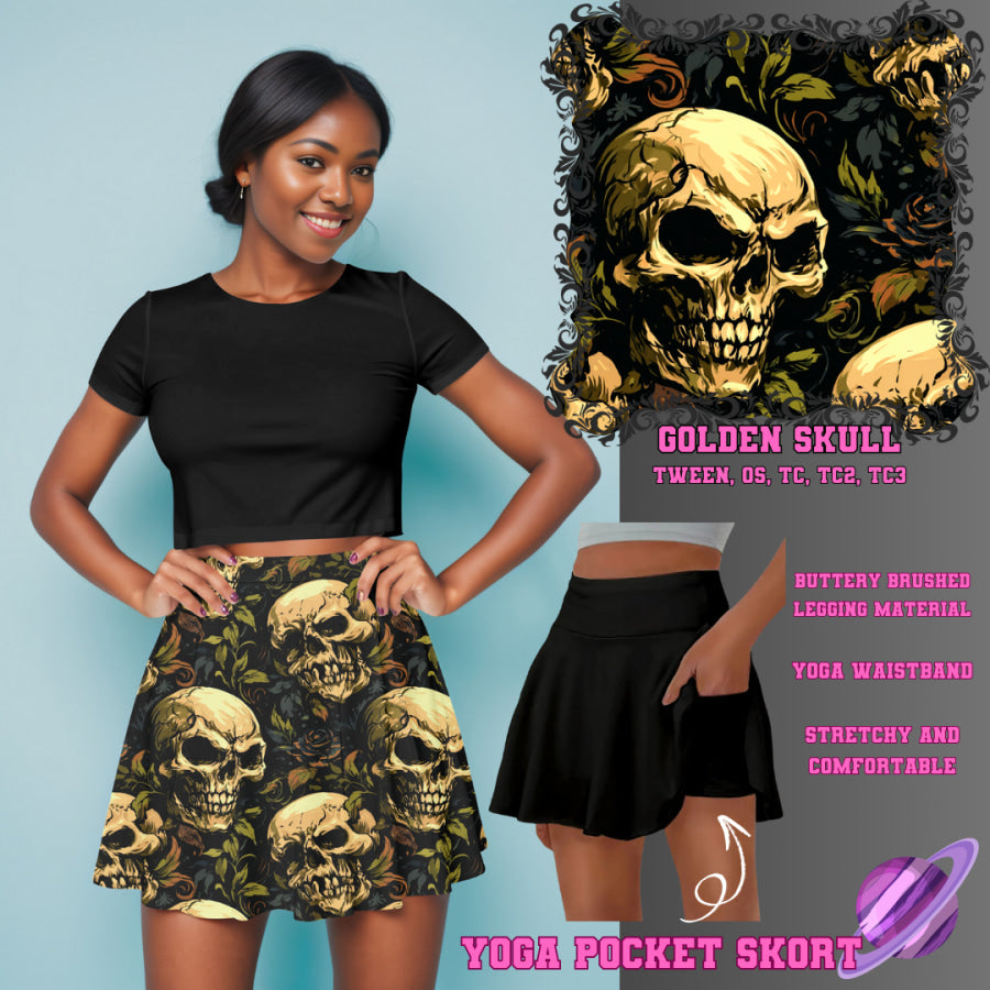 Preorder Custom Yoga Skort with Pockets - Golden Skull - Closes 23 May - ETA late Aug 2025 Skort