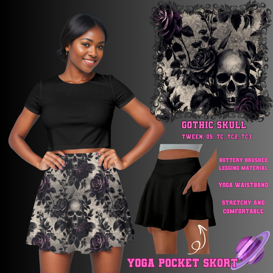 Preorder Custom Yoga Skort with Pockets - Gothic Skull - Closes 23 May - ETA late Aug 2025 Skort