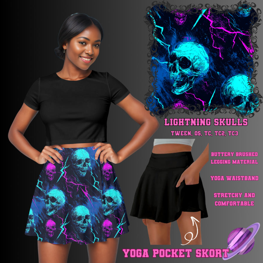 Preorder Custom Yoga Skort with Pockets - Lightning Skulls - Closes 23 May - ETA late Aug 2025 Skort