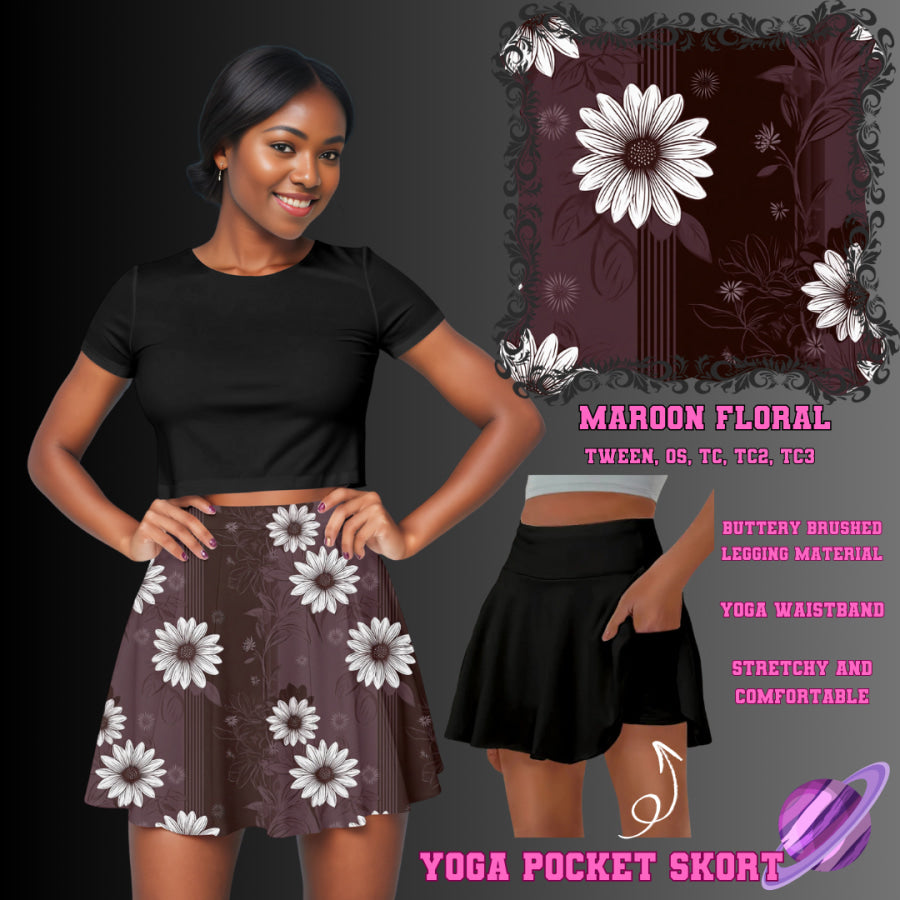 Preorder Custom Yoga Skort with Pockets - Maroon Floral - Closes 23 May - ETA late Aug 2025 Skort