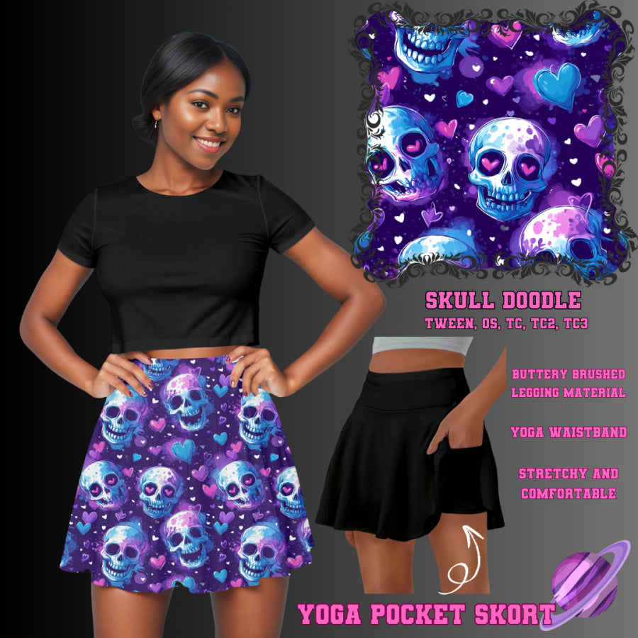 Preorder Custom Yoga Skort with Pockets - Skull Doodle - Closes 23 May - ETA late Aug 2025 Skort