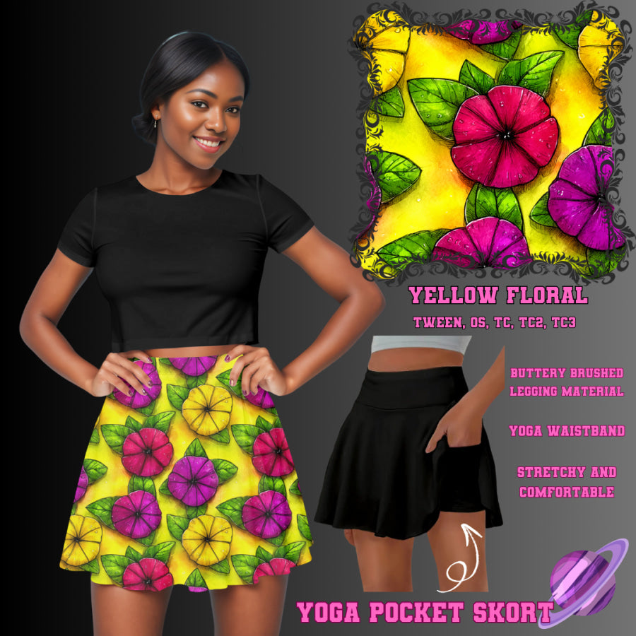 Preorder Custom Yoga Skort with Pockets - Yellow Floral - Closes 23 May - ETA late Aug 2025 Skort