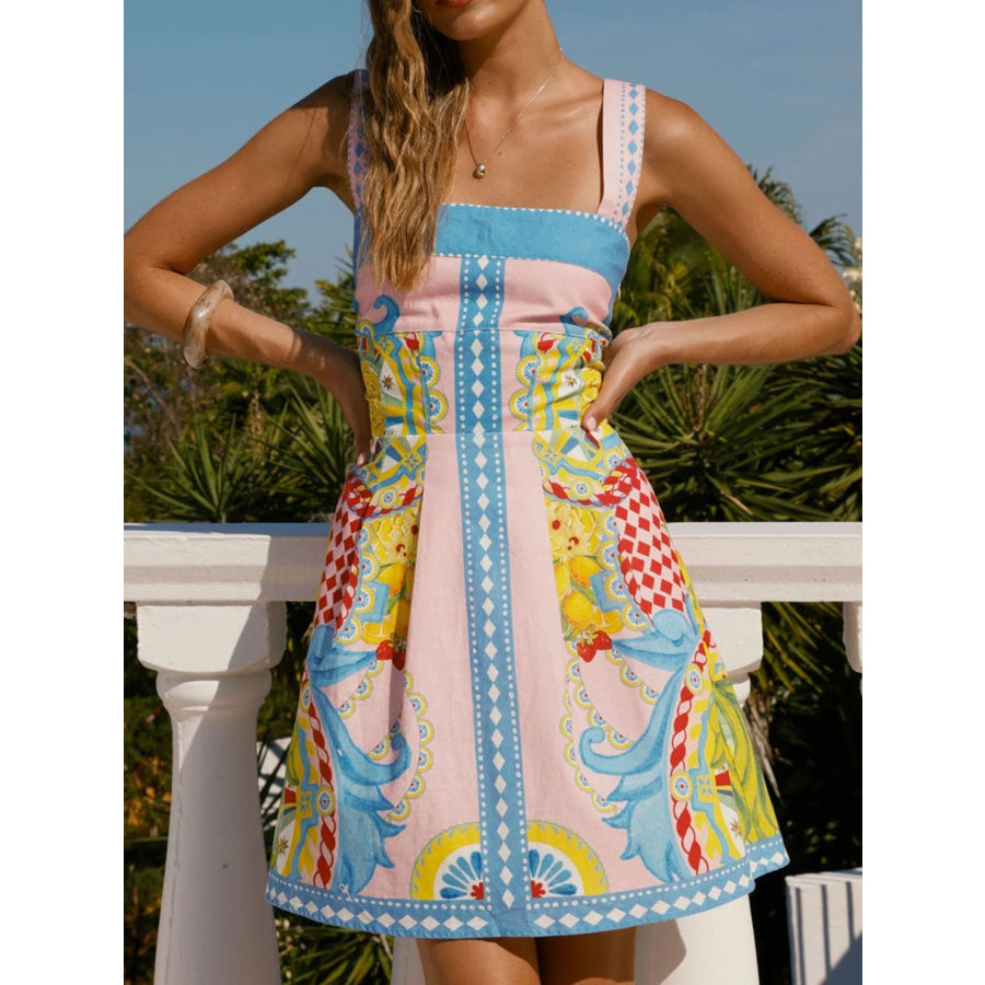 Printed Back Smocked Sleeveless Mini Dress Sky Blue / S Apparel and Accessories