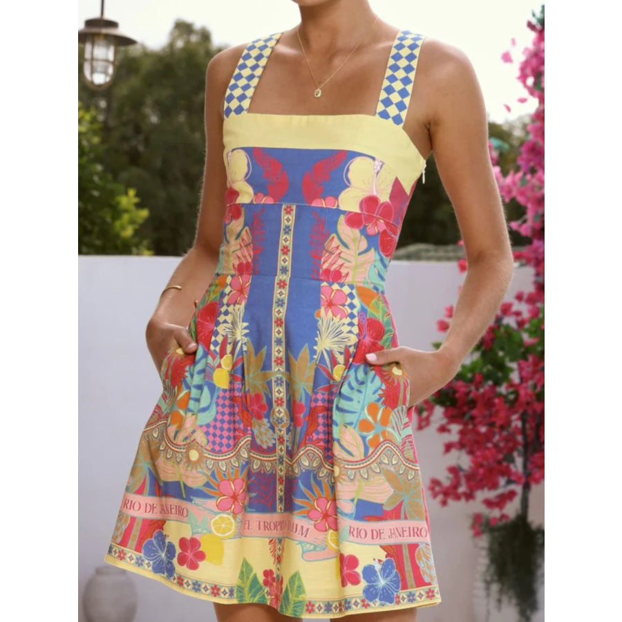 Printed Back Smocked Sleeveless Mini Dress Yellow / S Apparel and Accessories