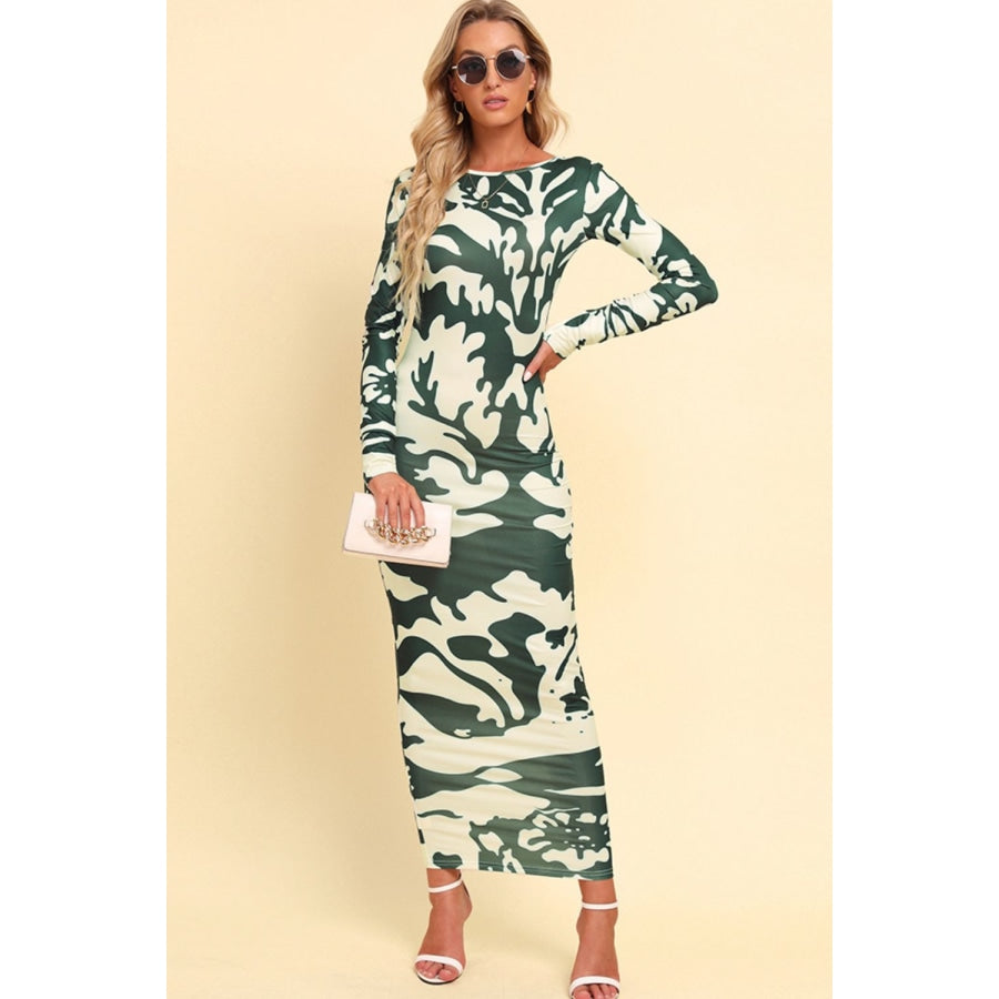 Printed Backless Long Sleeve Maxi Dress Green Camouflage / S