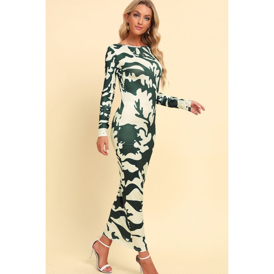 Printed Backless Long Sleeve Maxi Dress