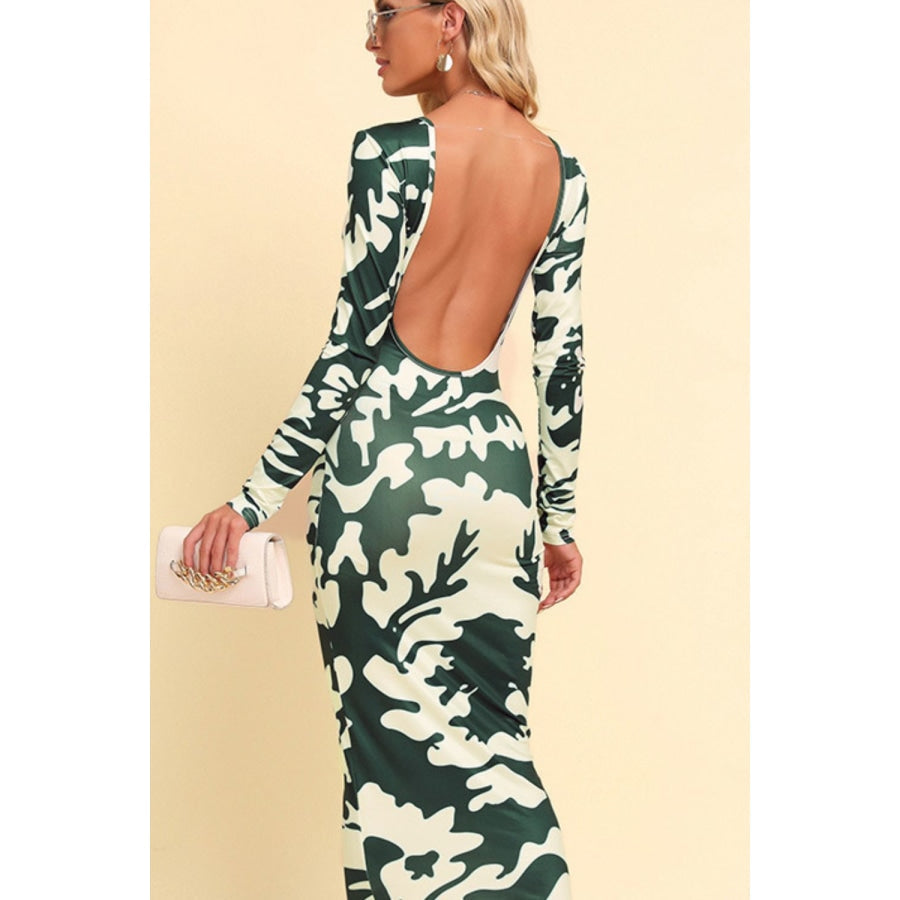 Printed Backless Long Sleeve Maxi Dress