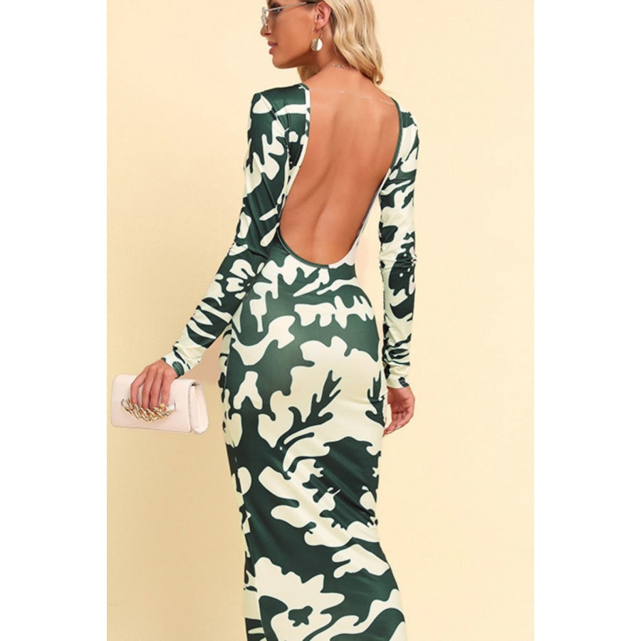 Printed Backless Long Sleeve Maxi Dress Green Camouflage / S