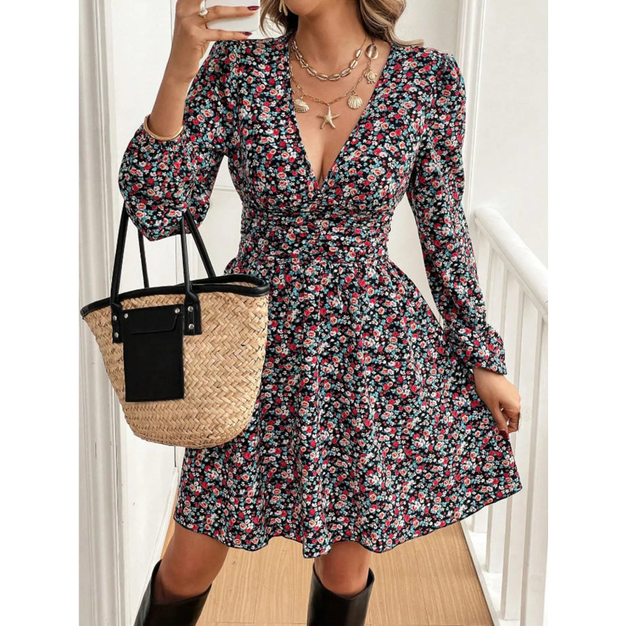 Printed Balloon Sleeve Mini Dress Black / S Apparel and Accessories