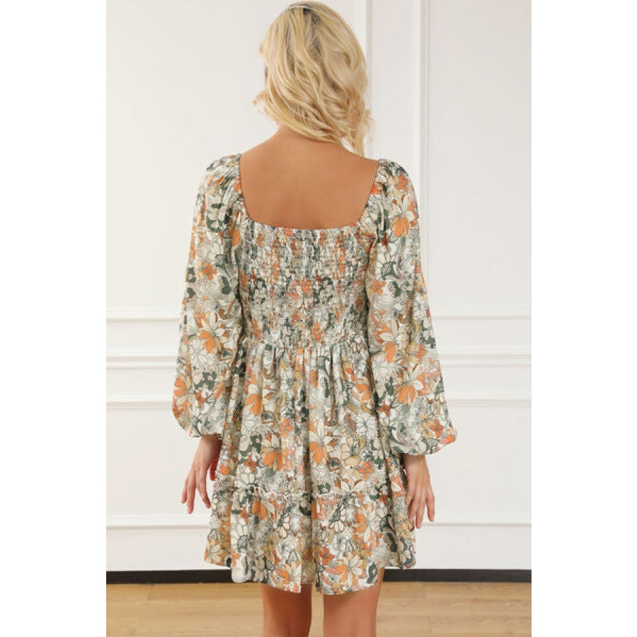 Printed Balloon Sleeve Ruffle Hem Mini Dress Clothing