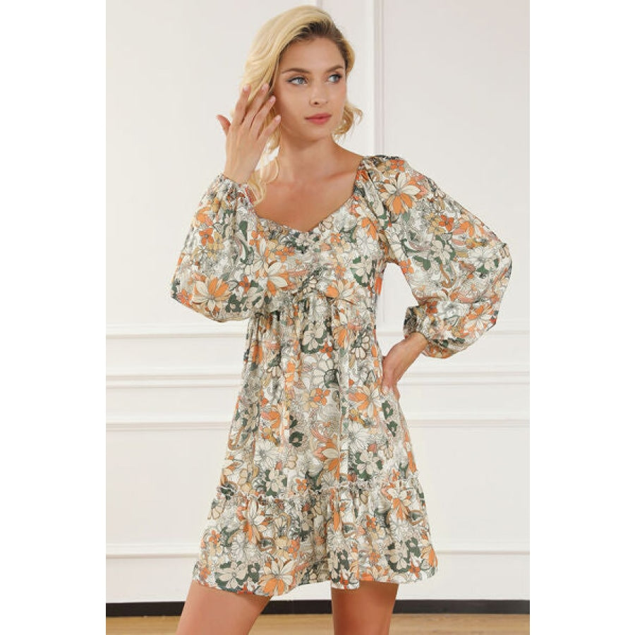 Printed Balloon Sleeve Ruffle Hem Mini Dress Clothing