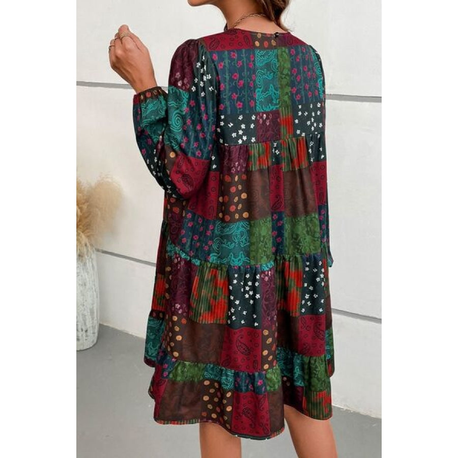 Printed Balloon Sleeve Tiered Dress Clothing