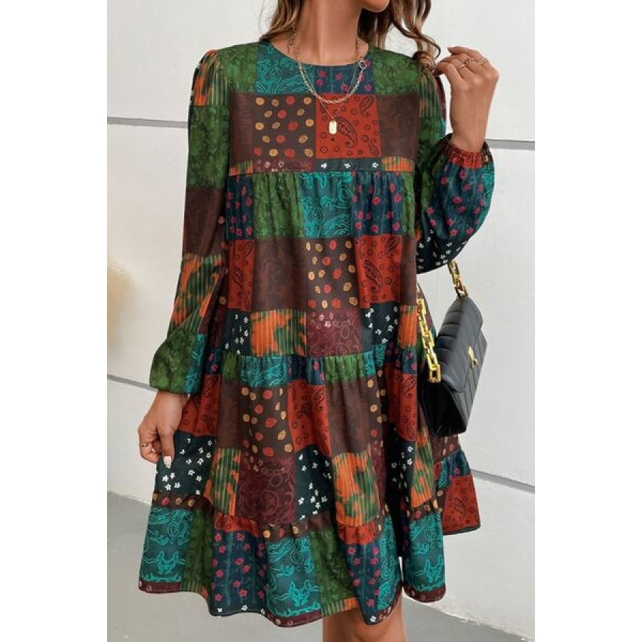 Printed Balloon Sleeve Tiered Dress Clothing