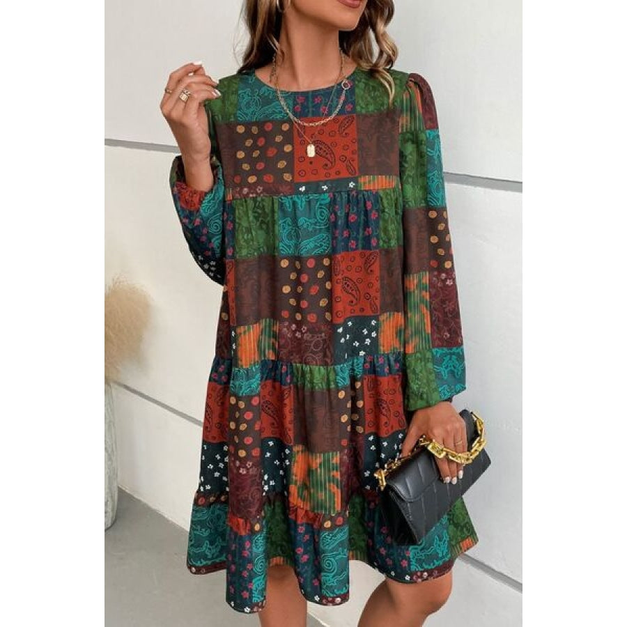 Printed Balloon Sleeve Tiered Dress Clothing