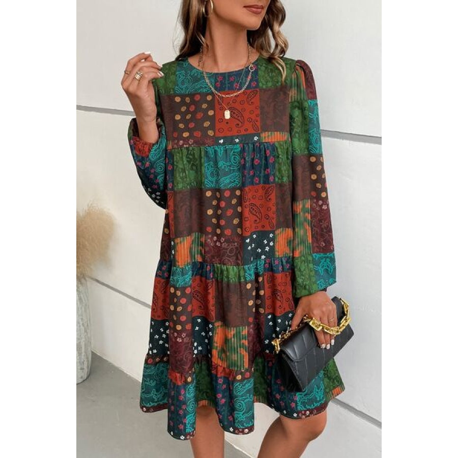 Printed Balloon Sleeve Tiered Dress Multicolor / S Clothing