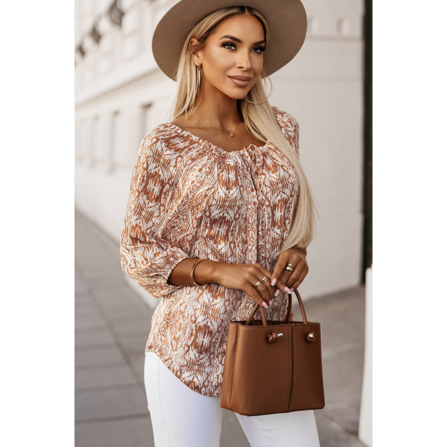 Printed Boat Neck Balloon Sleeve Blouse Apparel and Accessories