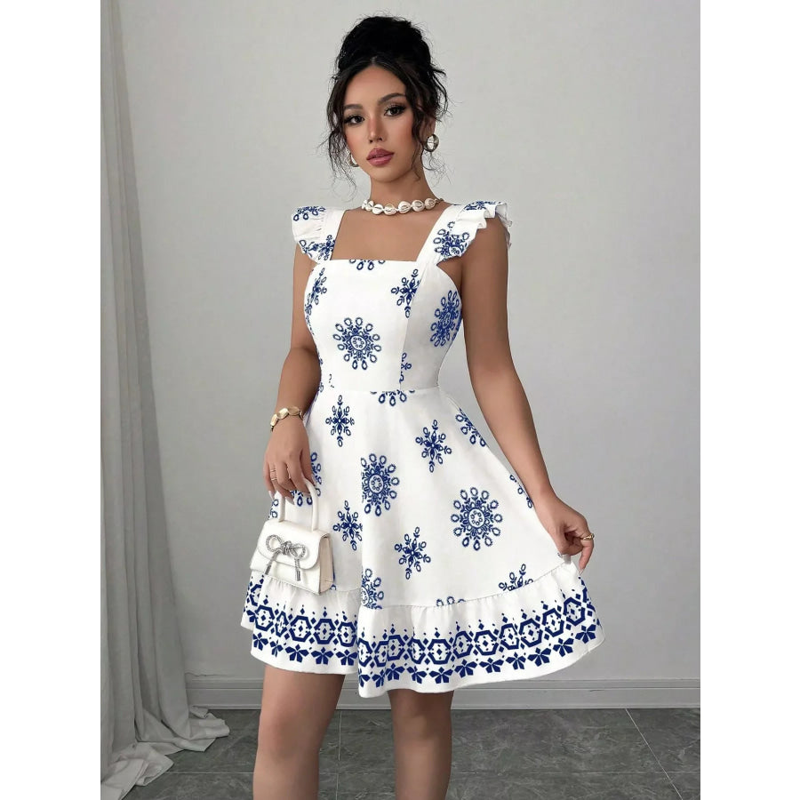 Printed Bow Back Square Neck Mini Dress Apparel and Accessories
