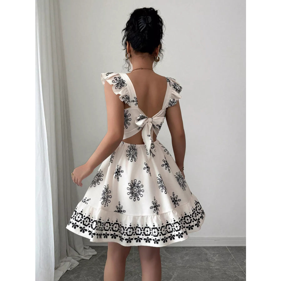 Printed Bow Back Square Neck Mini Dress Apparel and Accessories