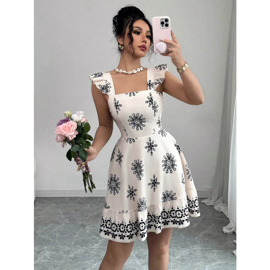 Printed Bow Back Square Neck Mini Dress Apparel and Accessories