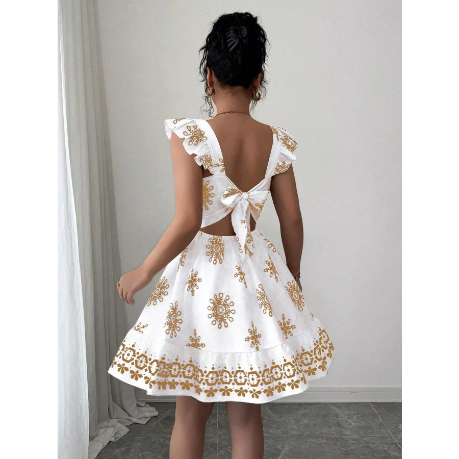 Printed Bow Back Square Neck Mini Dress Apparel and Accessories