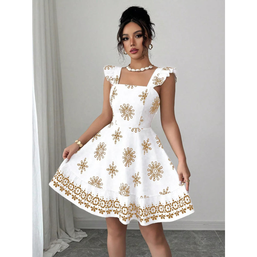 Printed Bow Back Square Neck Mini Dress Apparel and Accessories