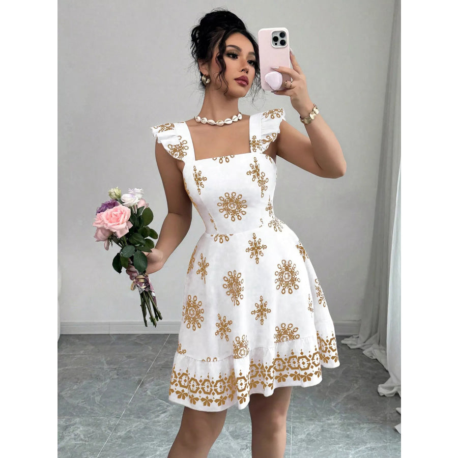 Printed Bow Back Square Neck Mini Dress Apparel and Accessories