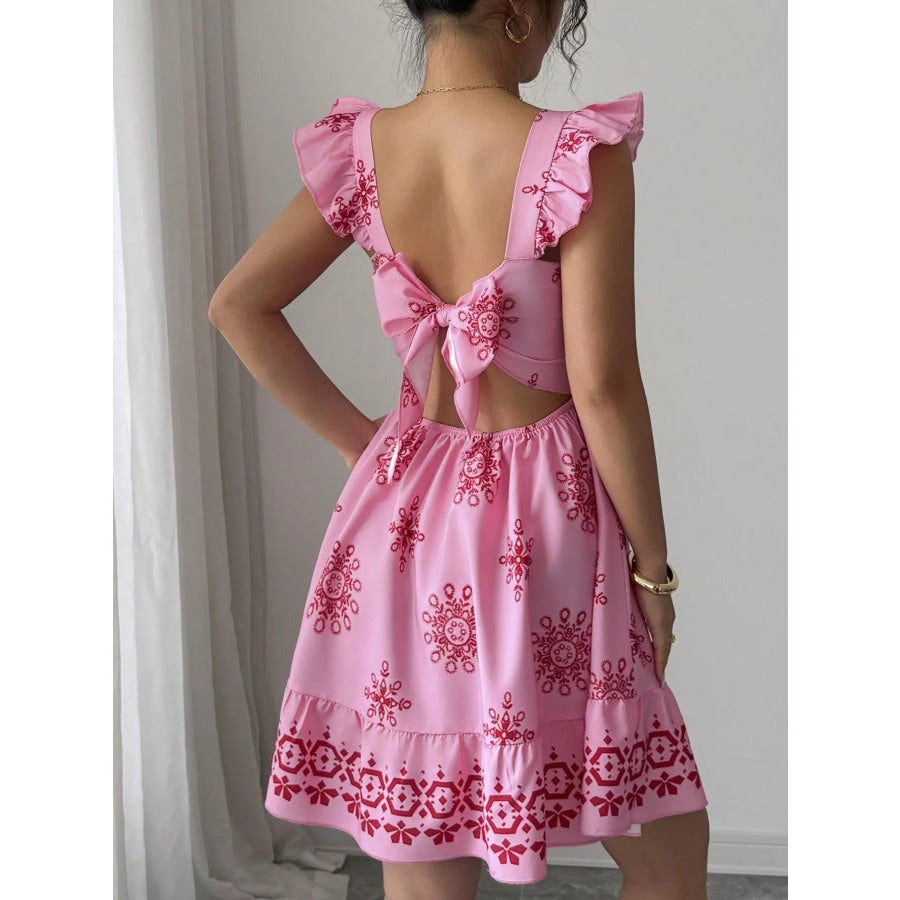 Printed Bow Back Square Neck Mini Dress Apparel and Accessories