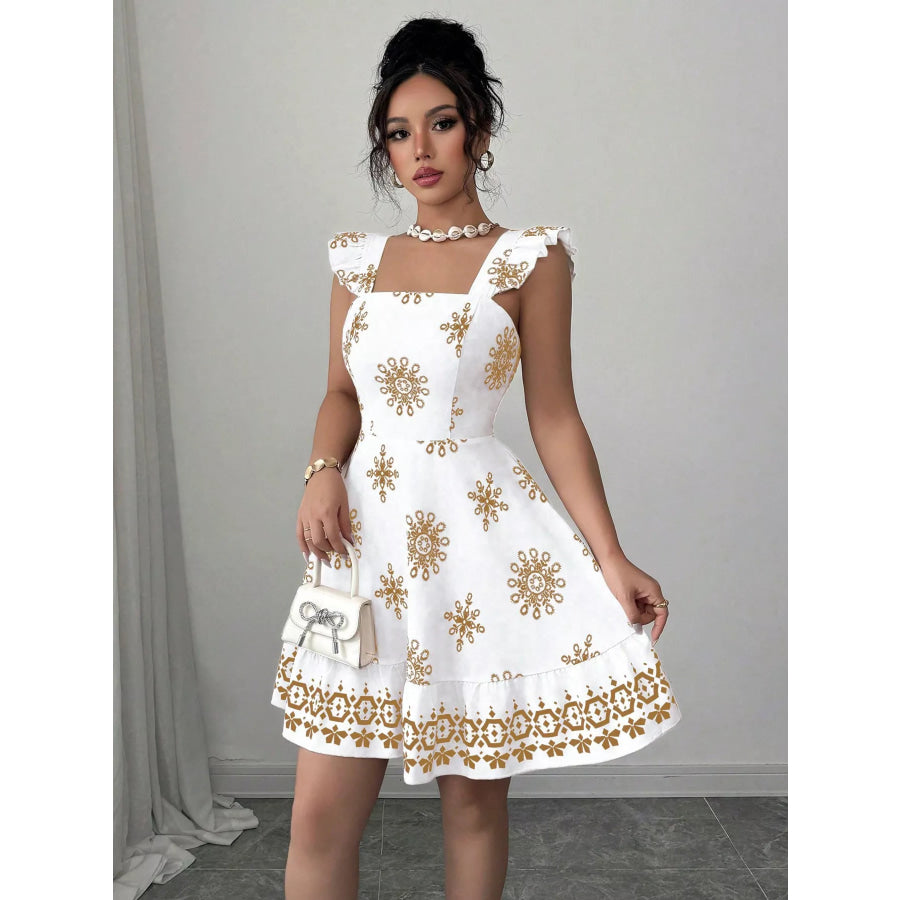 Printed Bow Back Square Neck Mini Dress Apparel and Accessories