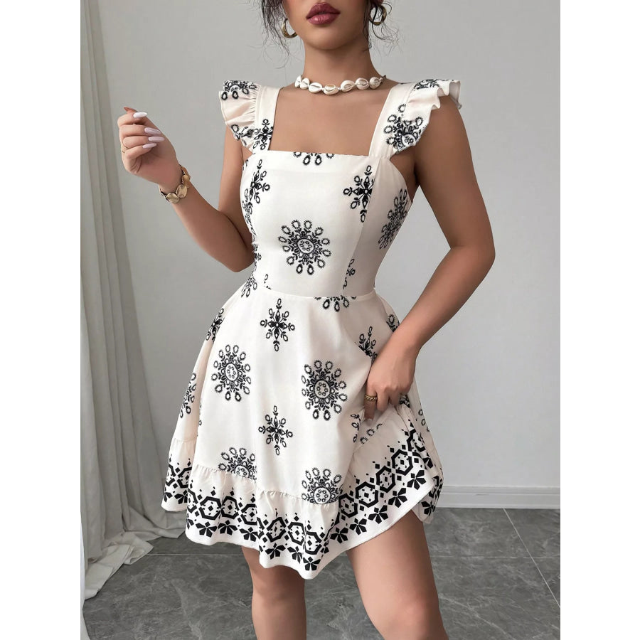 Printed Bow Back Square Neck Mini Dress Black / S Apparel and Accessories