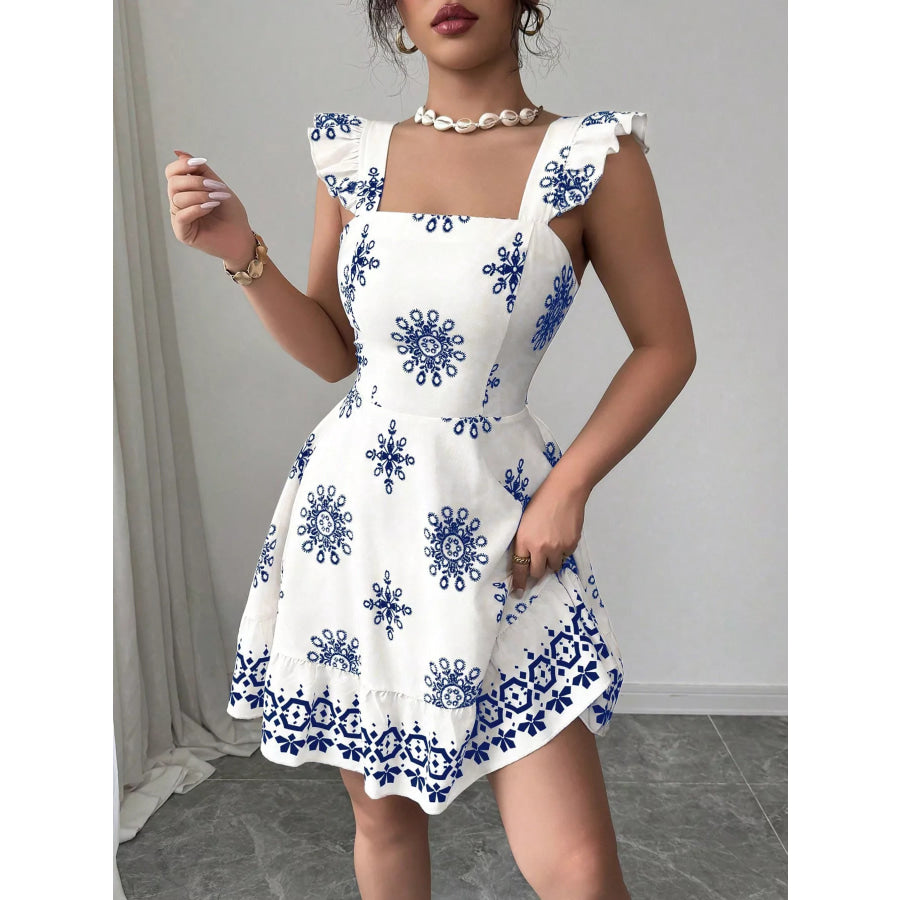 Printed Bow Back Square Neck Mini Dress Blue / S Apparel and Accessories