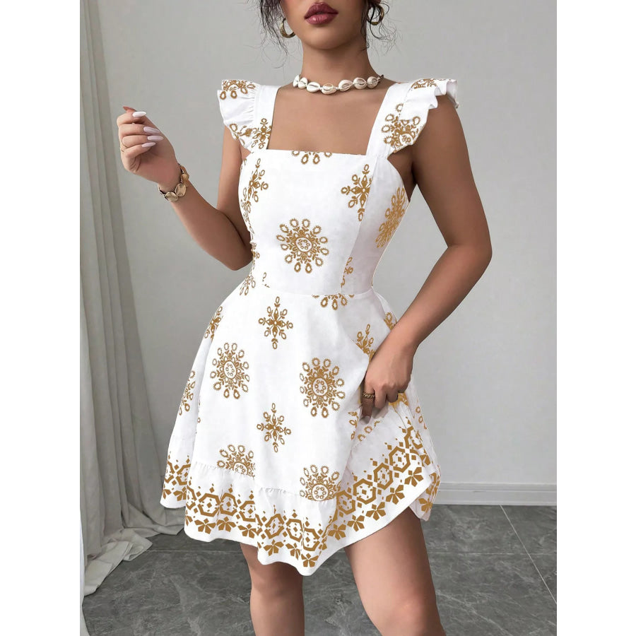 Printed Bow Back Square Neck Mini Dress Light Brown / S Apparel and Accessories