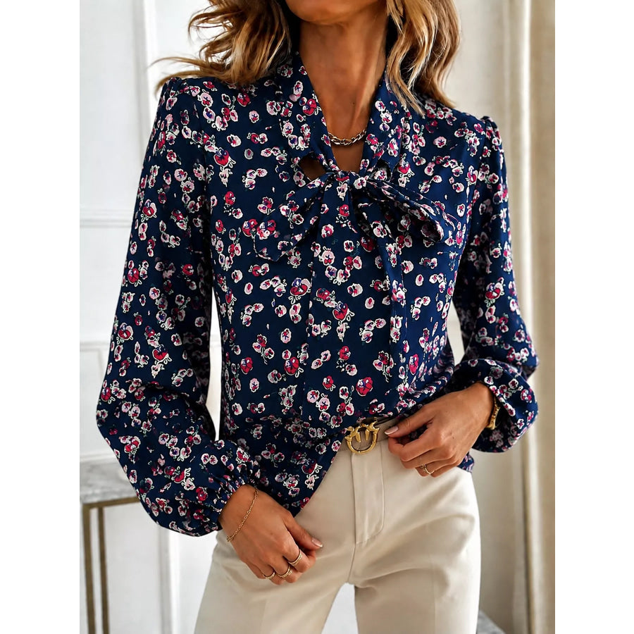 Printed Bow-Tie Neck Long Sleeve Blouse Apparel and Accessories