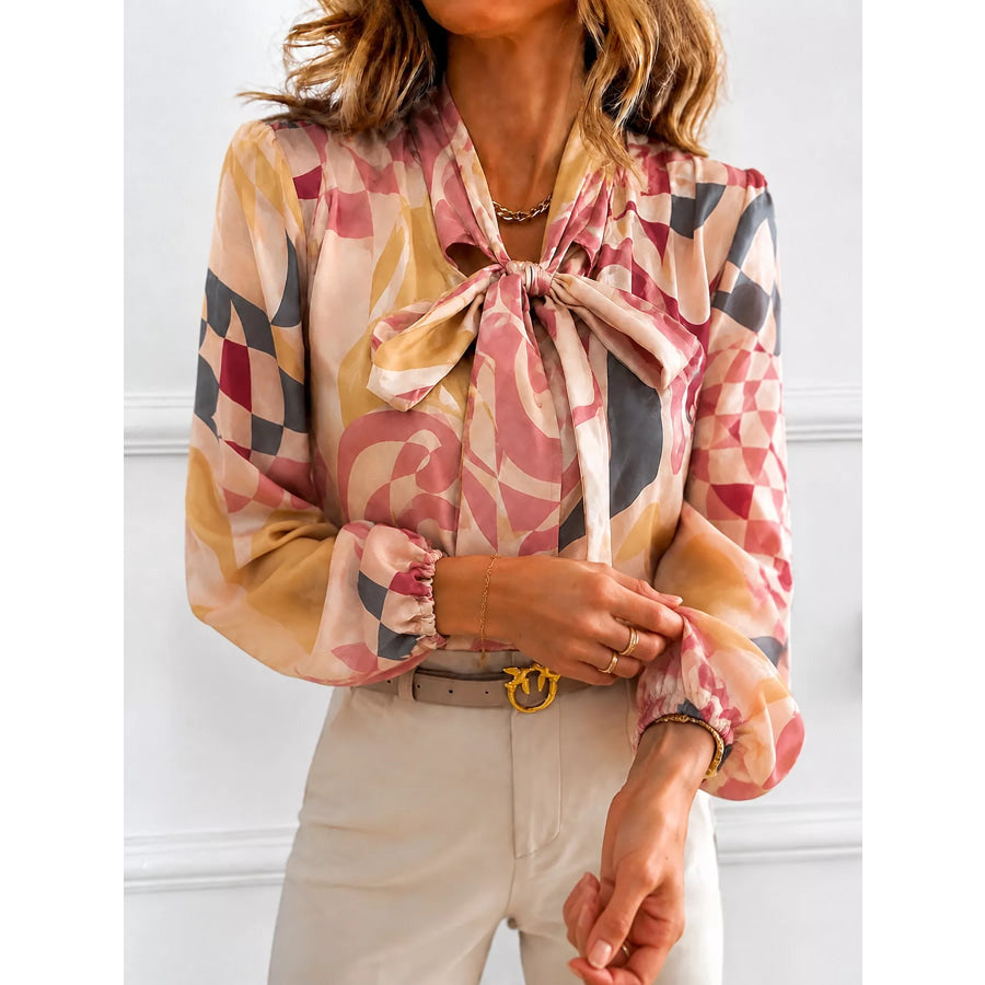 Printed Bow-Tie Neck Long Sleeve Blouse Apparel and Accessories
