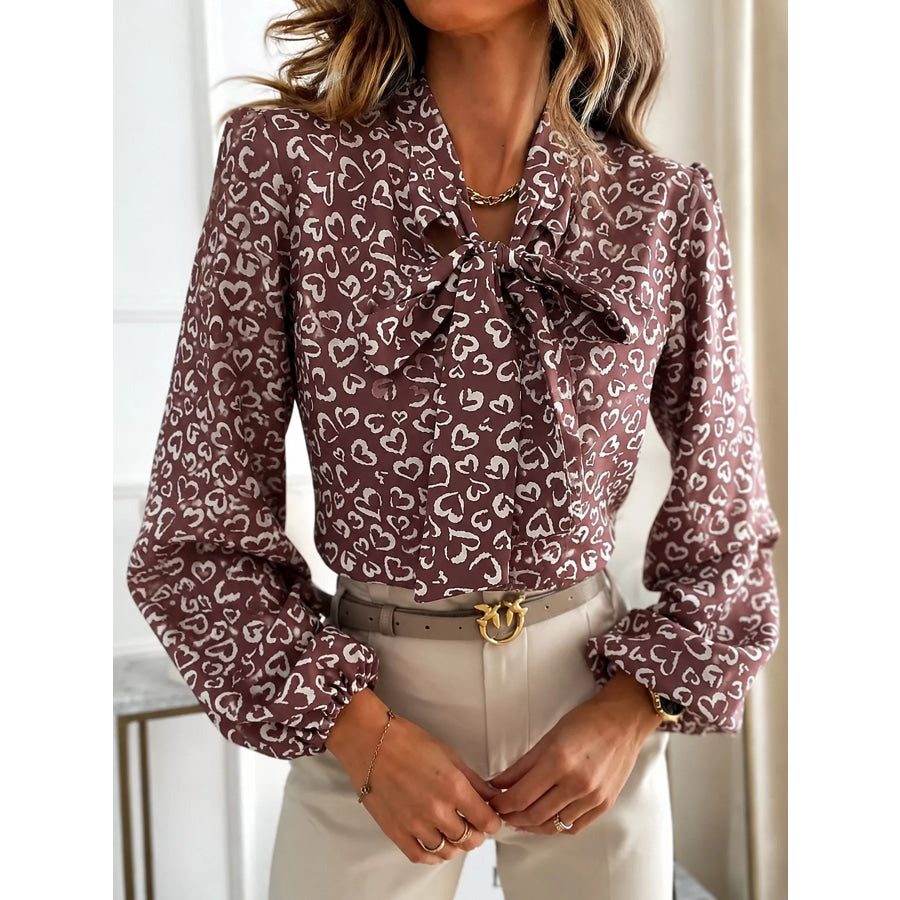 Printed Bow-Tie Neck Long Sleeve Blouse Apparel and Accessories