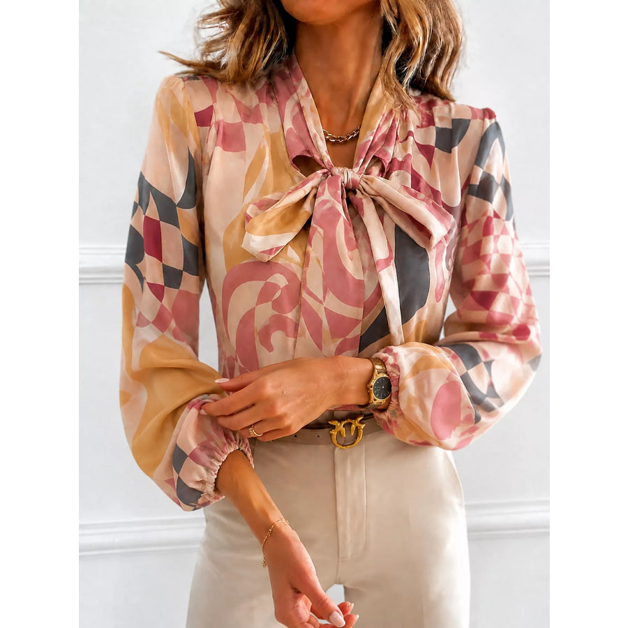 Printed Bow-Tie Neck Long Sleeve Blouse Pale Blush / S Apparel and Accessories