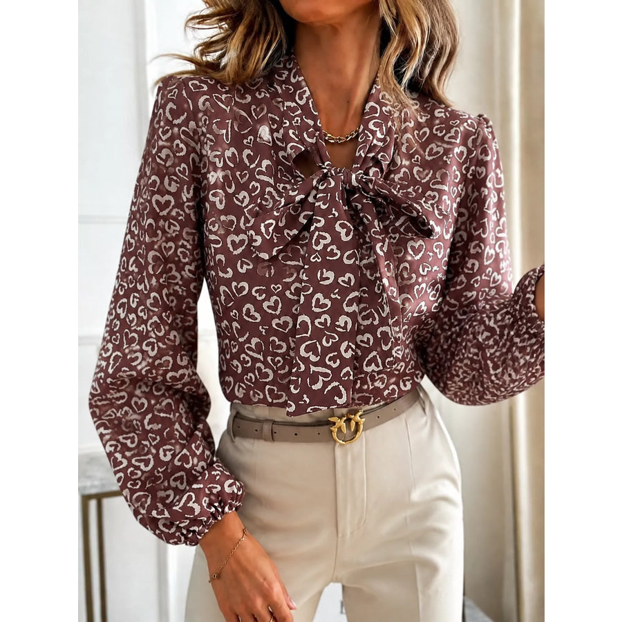 Printed Bow-Tie Neck Long Sleeve Blouse Burgundy / S Apparel and Accessories