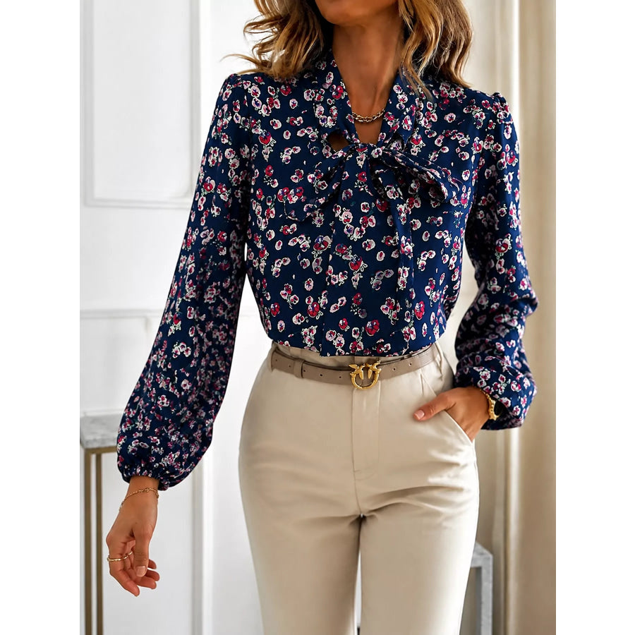 Printed Bow-Tie Neck Long Sleeve Blouse Mauve / S Apparel and Accessories